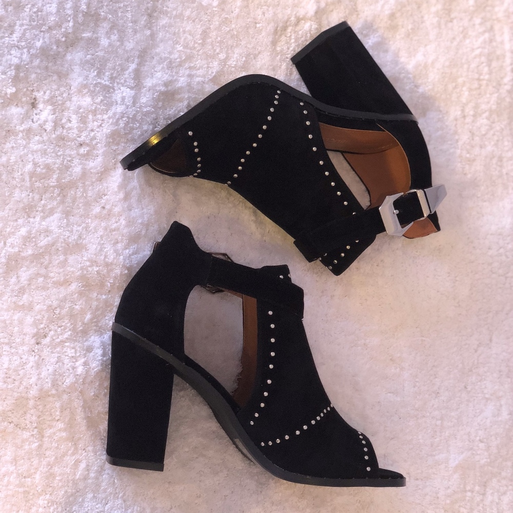 Black Studded Suede Peep Toe Booties - Picture 8 of 8